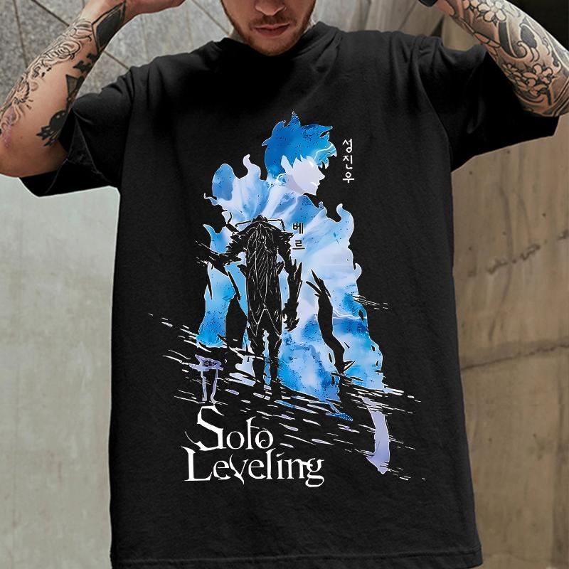 Винтажная футболка с аниме-принтом Solo Leveling, мужская женская хлопковая футболка, Беру и Сон Джин-у, уличная одежда, с круглым вырезом, топы Solo Leveling