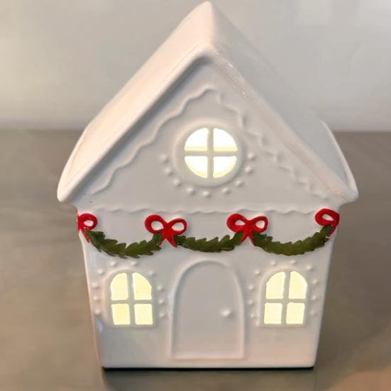 Christmas Village House Figurine LED Lighted White Small House Tabletop Decoration Winter Rustic Farmhouse Holiday Decor for Mantel Tabletop Room