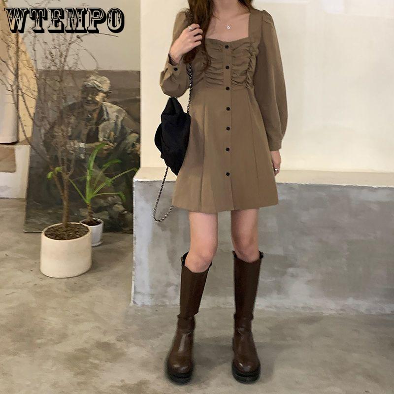 Женский темперамент ретро платье с квадратным воротником плиссированное однобортное корейское платье-костюм А-силуэта с длинными рукавами