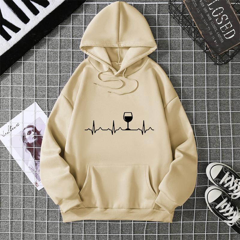 Wine Heartbeat Print Hoodie Sweatshirts Women Long Sleeve O Neck Loose Hoodies Ladies Pullovers Warm Pocket Hooded Jacket