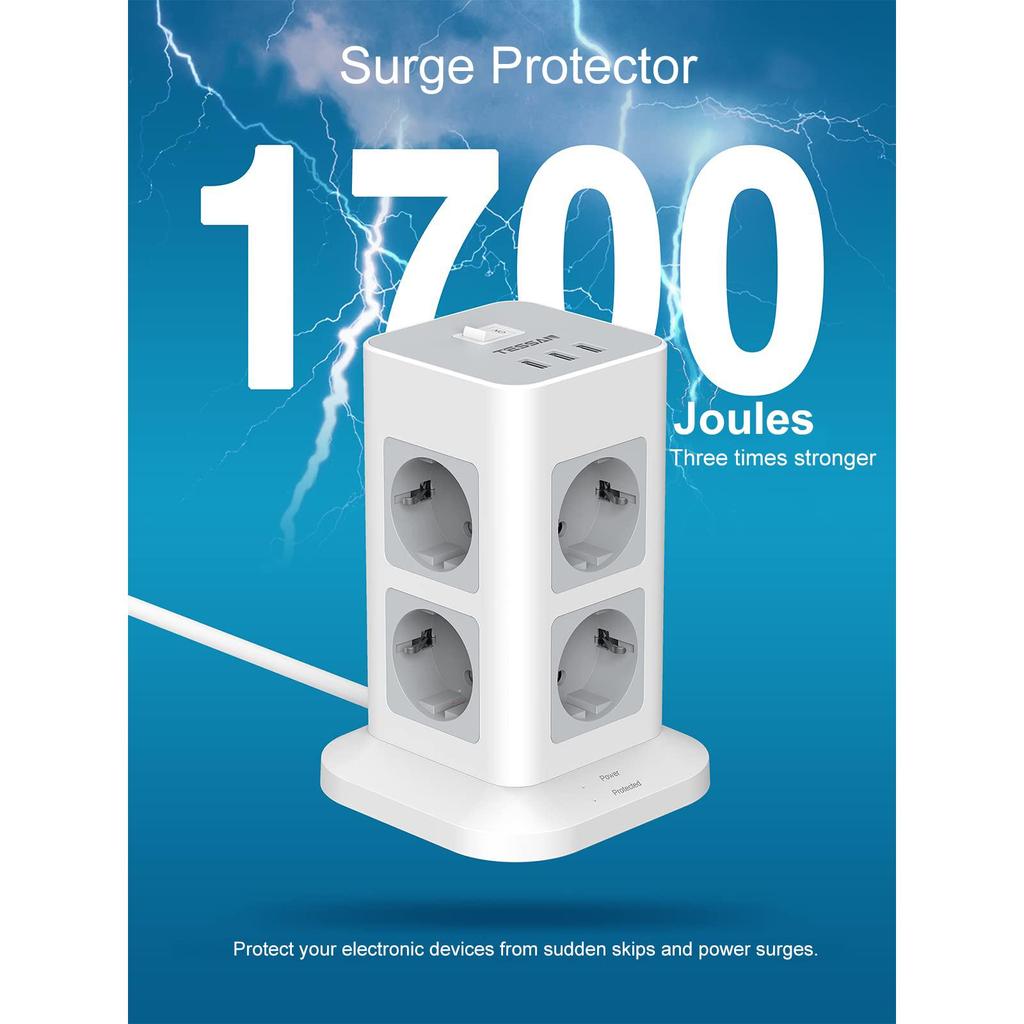 Tessan Удлинитель Tower с несколькими вилками, вертикальная розетка с переключателем, розетки 8/12, 3 порта USB, кабель 2 м, защита от перенапряжения для домашнего офиса