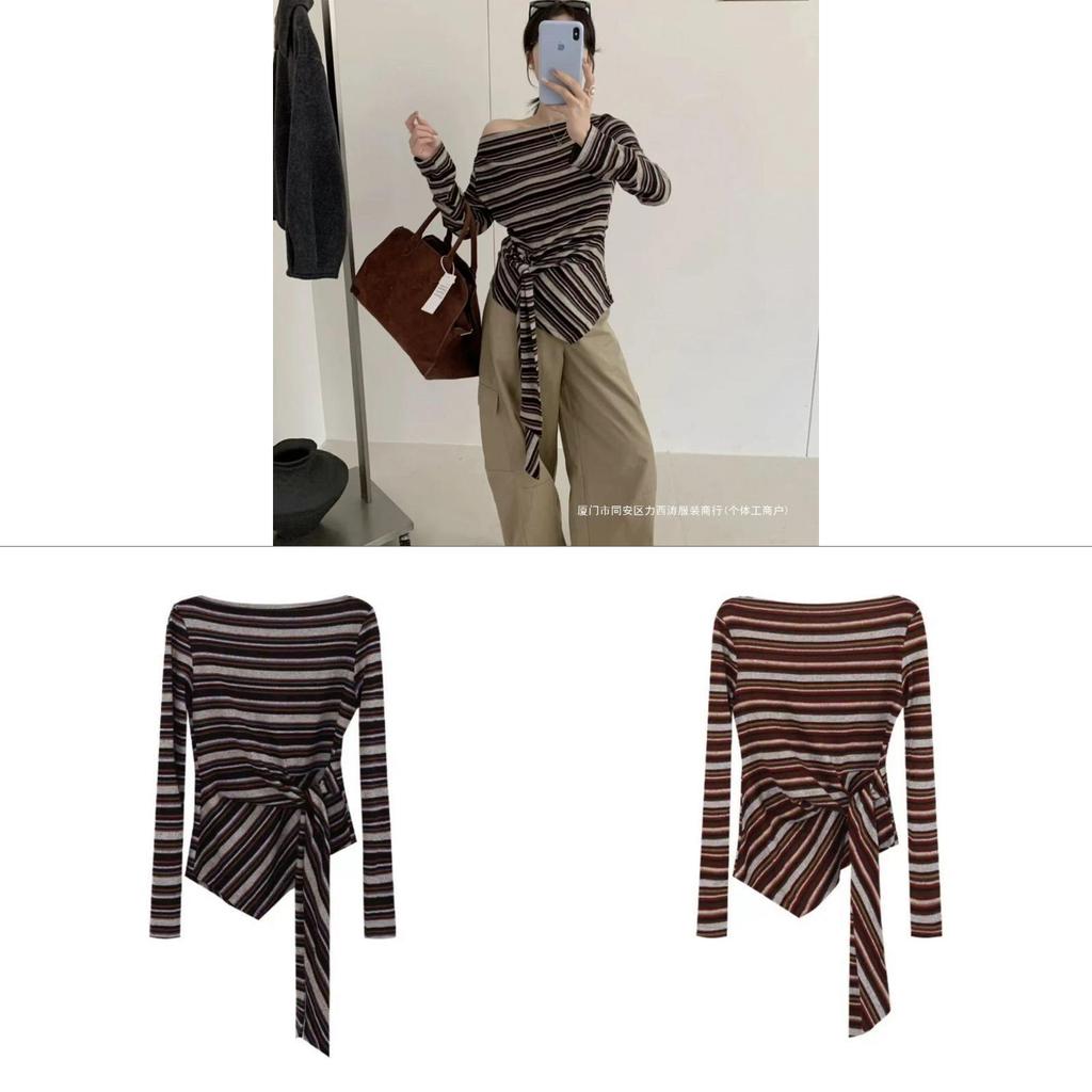 Korean Style Striped T Shirt With Tie Details For Fall Winter Fashion