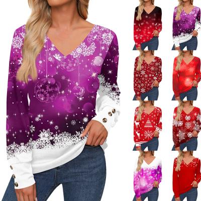 Женская повседневная модная рождественская рубашка со снежинками и длинными рукавами, манжетами на пуговицах, с V-образным вырезом, свободная футболка, осенняя одежда