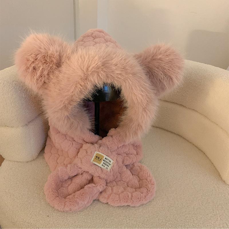 Плюшевая шапка-медведь женский зимний шарф интегрированный теплый утолщенный шарф милый холодный зимний защита ушей комплект из двух предметов