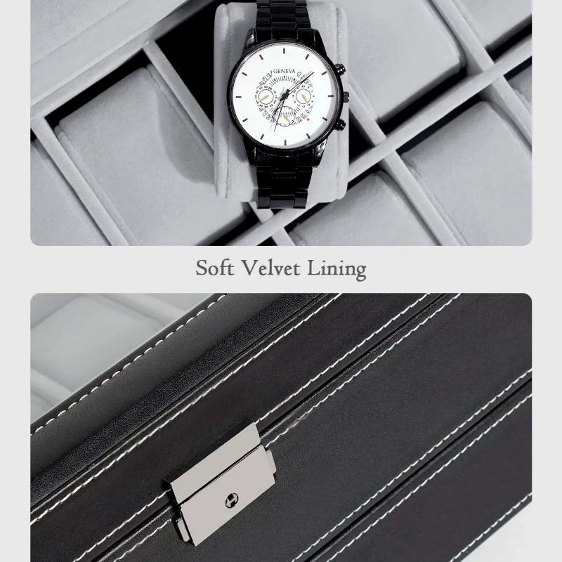 12-слотовые запирающиеся коробки для хранения часов из искусственной кожи, мужские и женские ювелирные изделия, ящик для показа, двухъярусный органайзер, витрина для часов