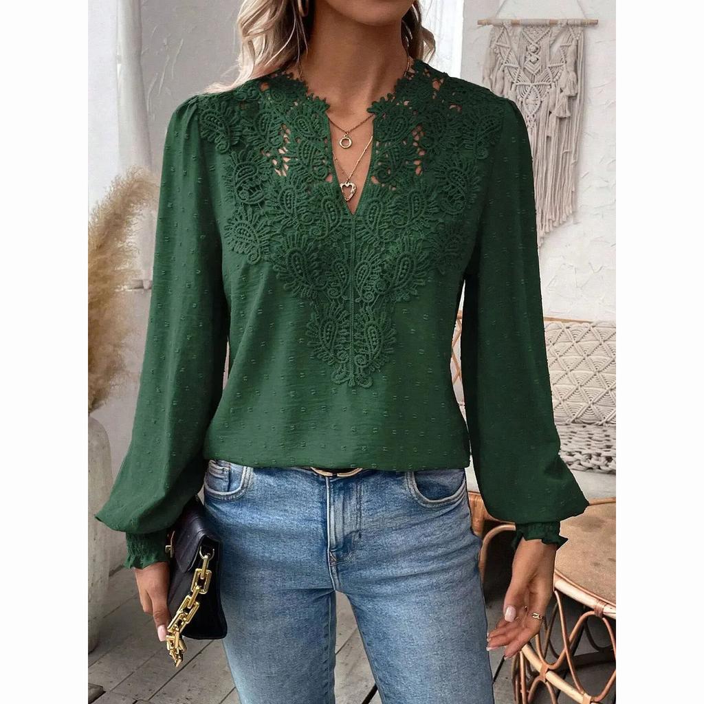 Luxury Lace Hollowed V-Neck Shirt Women Solid Color Long Sleeve Top Office Lady Elegant Daily Blouse