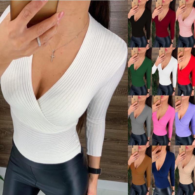 Women's Sexy V Neck Long Sleeve Ribbed Knitted Sweater Slim Knit Top Blouse Casual Pullover Sweater