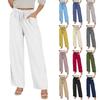Linen Pants For Women Casual  Solid Drawstring Elastic Waist Long Straight Pants