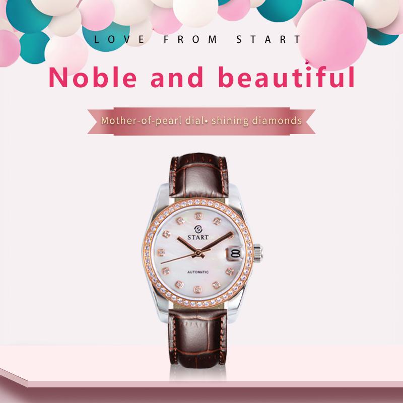Start Женские часы с перламутровым циферблатом, модные повседневные автоматические механические часы, водонепроницаемые кожаные часы с функцией даты