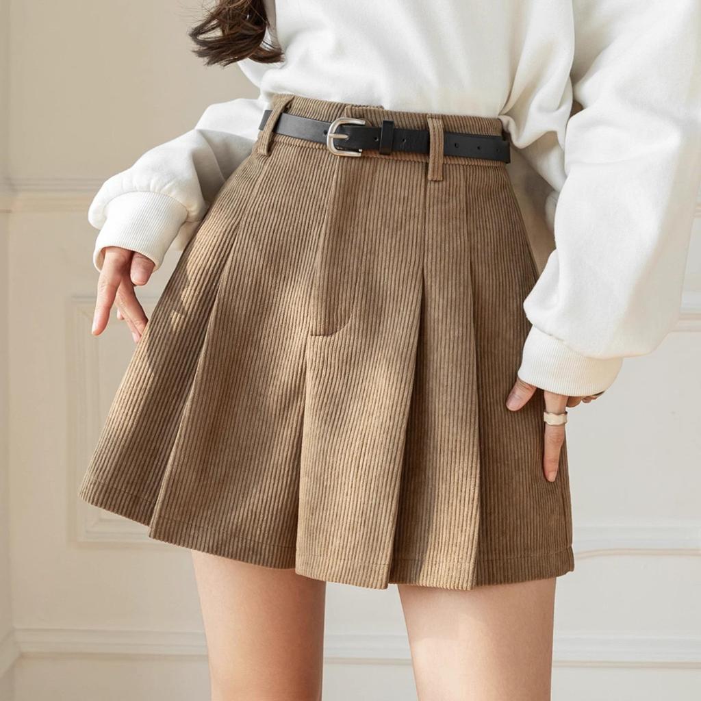 Women's High Waist A-line Khaki Corduroy Pleated Skirt Shorts - Autumn/Winter European Style Casual Wear