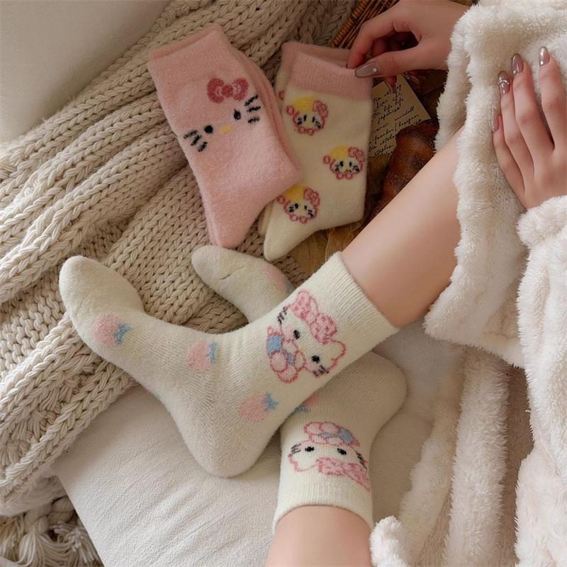 1/4/6 пар милых носков Hello Kitty Осень Зима Утолщенные Теплые Носки Женские Носки до середины икры Девочки Студенты Домашние Носки для Сна Подарок