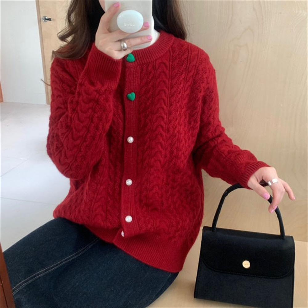Autumn and Winter Women's Sweater Round Neck Love Button Fried Dough Twists Knitted Cardigan