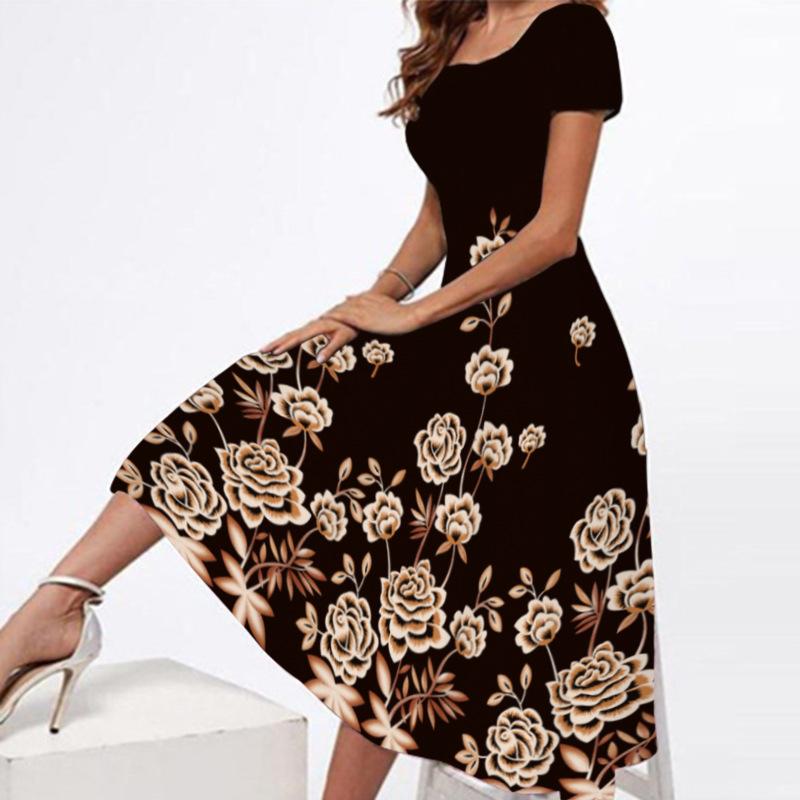 Women Elegant Floral Print Square Neck Short Sleeve Evening Pary Long Dress