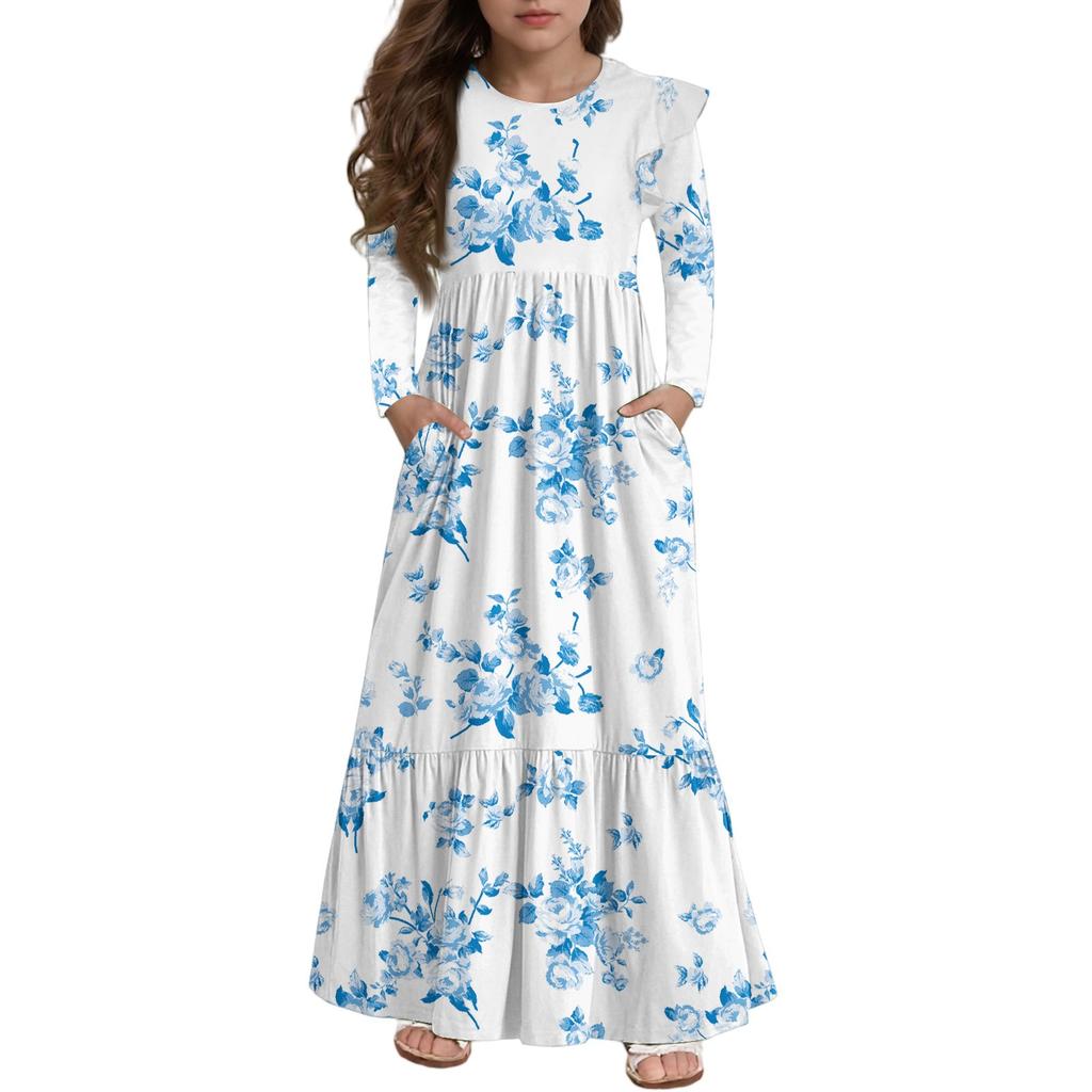 Платье с многоярусными оборками для девочек - Макси с длинным рукавом и принтом, с карманами