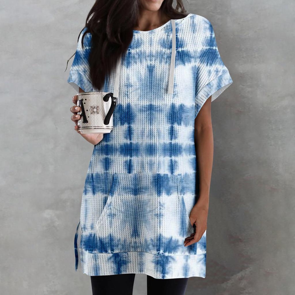 Женские свободные рубашки с принтом, толстовки с короткими рукавами и шнурком, вязаная туника с боковыми разрезами, топы с капюшоном и карманом