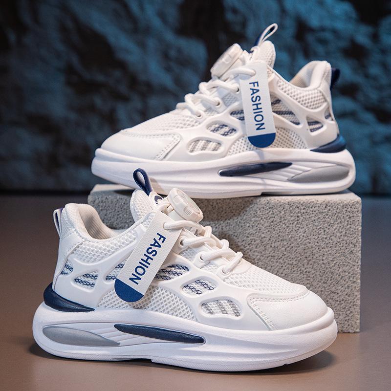 Детская дышащая сетчатая обувь весна и осень, новые туфли для мальчиков и девочек с мягкой подошвой для пап, повседневная обувь для детей среднего и старшего возраста с вращающимися пуговицами