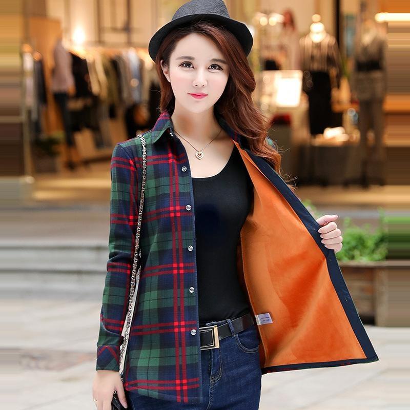 Зимняя женская универсальная бархатная рубашка в клетку с длинными рукавами плюс бархатный толстый теплый топ