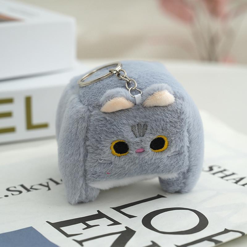 Adorable Fluffy Cat Keychain Plush Toy Soft Cartoon Square Kitty Bag Charm