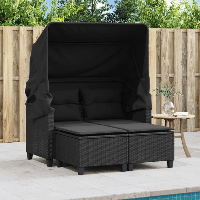 VidaXL 2-Seater Garden Sofa with Canopy and Stools, Patio Seat, Outdoor Balco Terrace Furniture, Black Resin 365781