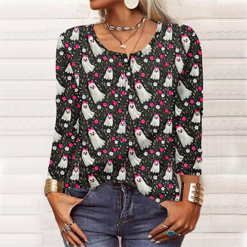 Long Sleeve Shirts For Women Halloween Pattern Print Graphic Tees Blouses Casual Plus Size Basic Tops Pullover