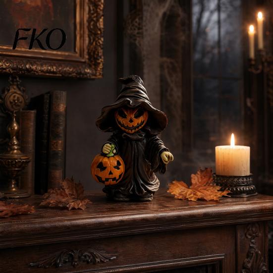 Small Halloween Pumpkin Decor Witch Statue with Pumpkin, Cute in Pointed Hat & Black Robe, Resin Gothic 3D Carving Decoration Tabletop for Desk