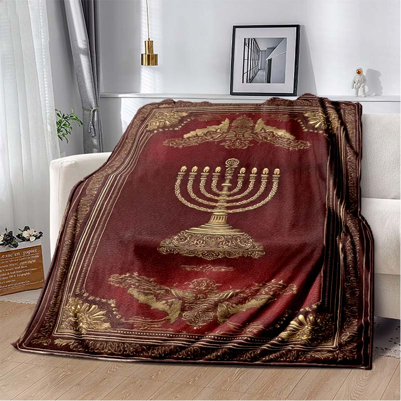 Seven Candles Menorah Vintage Golden Floral Frame Black Print Soft Flannel Throw Blanket Sofa Bed Jewish Holiday Warm Decor Cover
