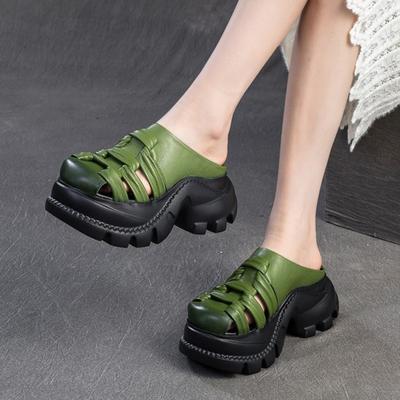 Модные летние новые ретро шлепанцы GKTINOO 2025 из натуральной кожи с увеличением высоты, с перфорацией, легкие, женские туфли на платформе