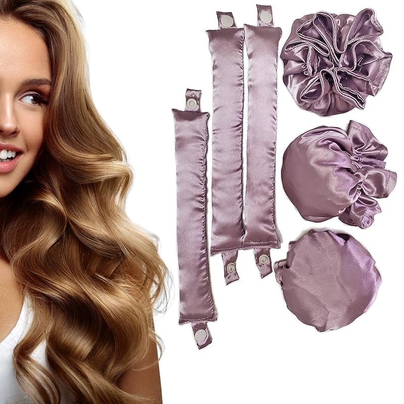 3Sets/6PCS Ariuvor Satin Heatless Hair Rollers for Overnight Curls, Soft Headband Rods with Hair Caps for All Hair Types (3-golden)
