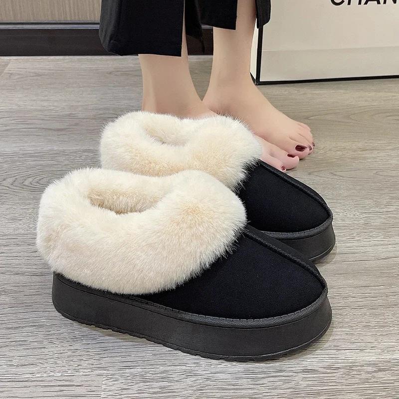 Fashion Winter Warm Thicken Plush Chunky Platform Cotton Slippers Women Flat Heels Fur Slippers Woman New Faux Suede Fluffy Shoes 1308