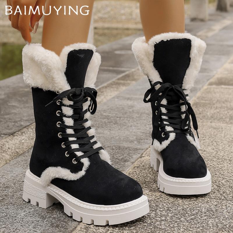 Женские замшевые сапоги на платформе до середины голени, меховые, со шнуровкой, на среднем каблуке, хлопковые туфли, тренд 2025 года, теплые, короткие, плюшевые, зимние ботинки для женщин