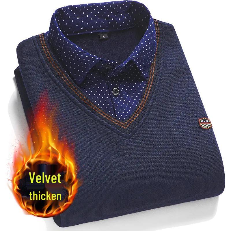 Мужской флисовый двухпредметный свитер с воротником-рубашкой для среднего и пожилого возраста