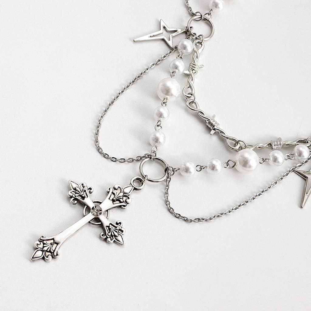 Готическое ожерелье с крестом, цепочка с имитацией жемчуга, многослойное ювелирное изделие из бисера, подарок