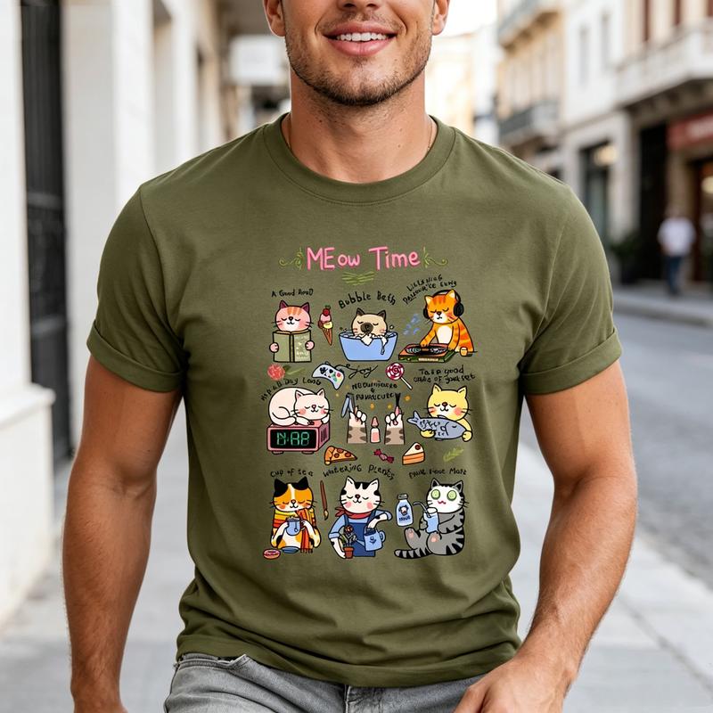 Meow Time Cat Tshirt for Unisex Unisex Funny Cat Lover Graphic Tee Casual Animal Print Top