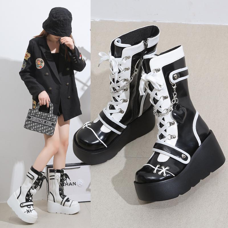 Kawaii Sweet New Gothic Platform Mid Calf Boots Women Street Autumn Wedges High Heels Punk Boots Girls Cute Cosplay Women Shoes