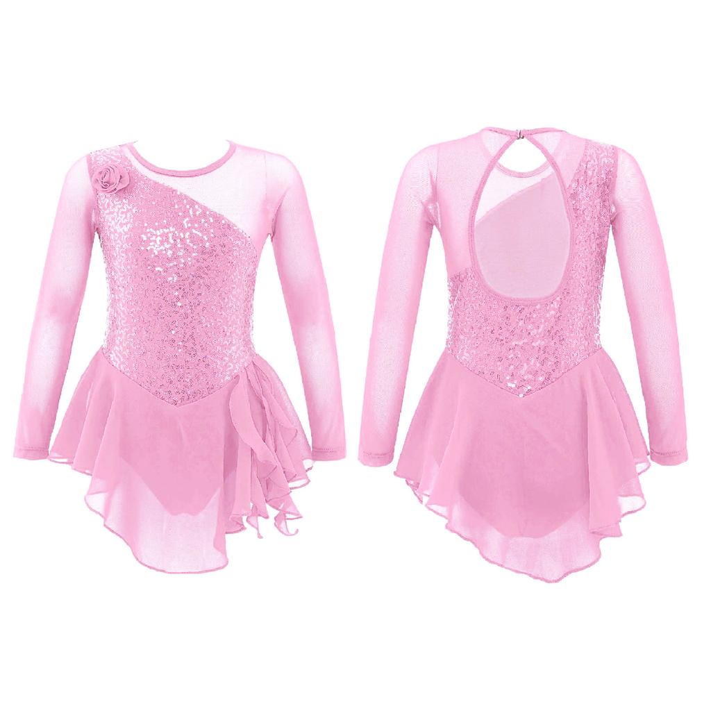 Girls Long Sleeve Mesh Patchwork Style Irregular Sequins Decor Dress Skating Dance Gymnastic Dress