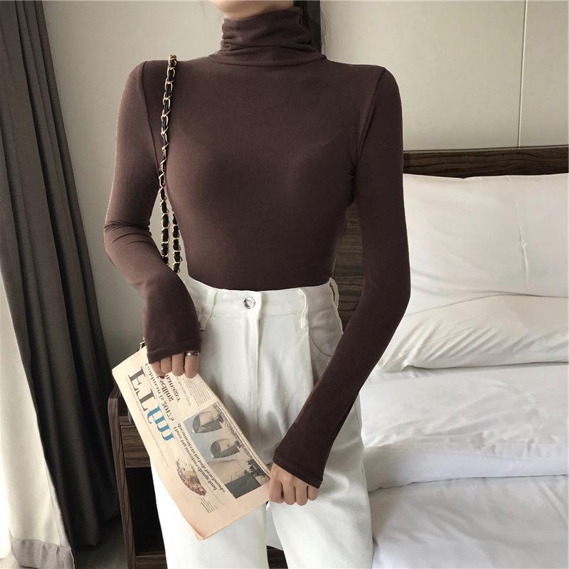 Women's Solid Color High Collar Slim Fit T-Shirt: Trendy Long-Sleeve Korean Style for Autumn/Winter 2025