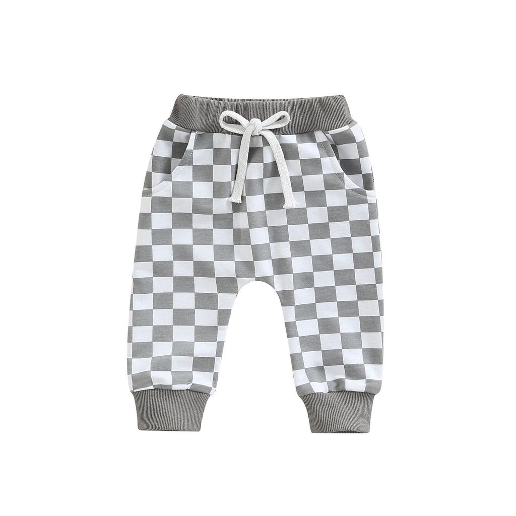 Toddlers Casual Long Pants 6M 12M 18M 24M 3Y Fashion Checkerboard Printed Tie-up Mid-waist Trousers with Pockets