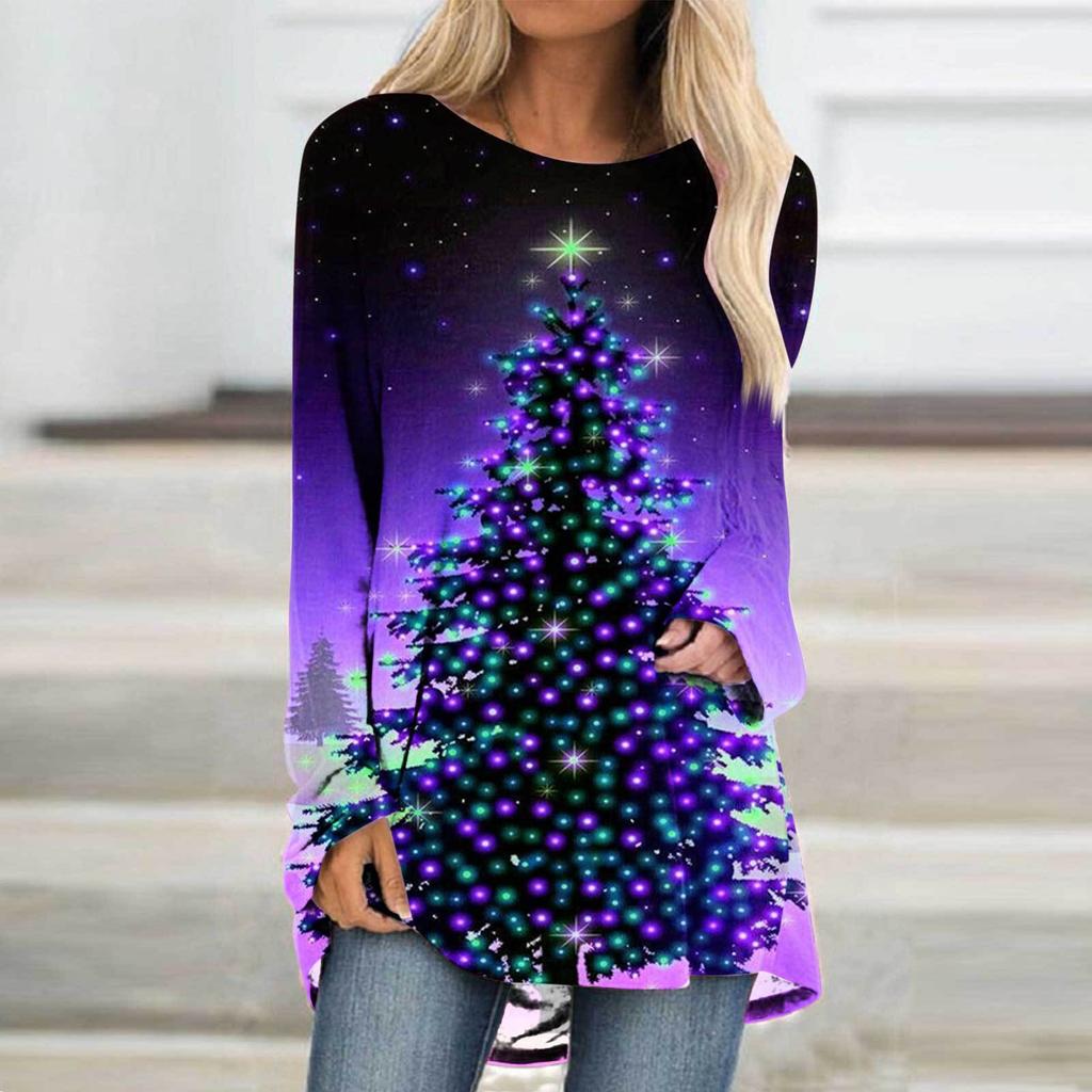 Рождественская елка 3D Принт Длинный рукав Футболка Женская мода Круглый вырез Длинная туника Топы Женщины Осенний рождественский подарок Футболка Femme Топы