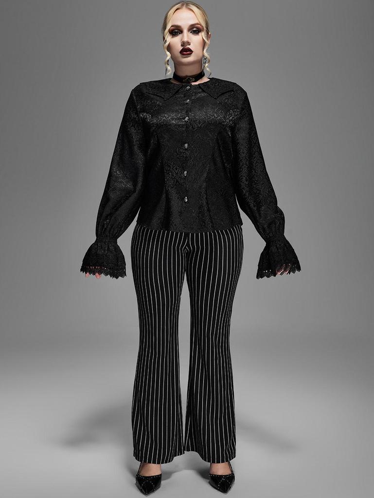 Рубашка с воротником и пуговицами в форме крыльев летучей мыши Rosegal в готическом стиле с цветочной вышивкой и рукавами-поэтом