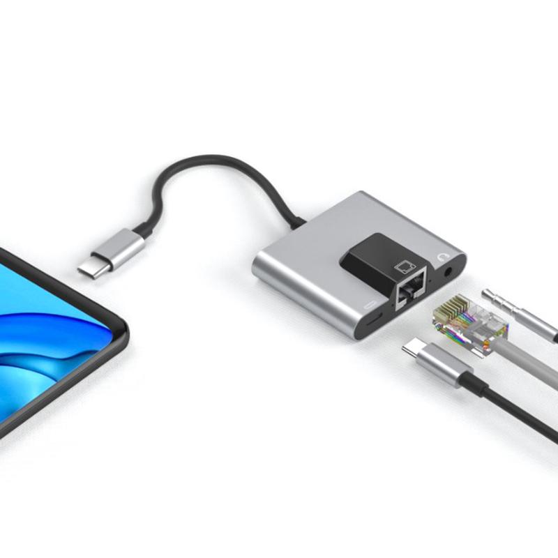 OTG Ethernet USB-адаптер для USB C на RJ45 Ethernet LAN проводная сеть 100 Мбит/с 3,5 мм Аудиоконвертер для порта type-c мобильного телефона