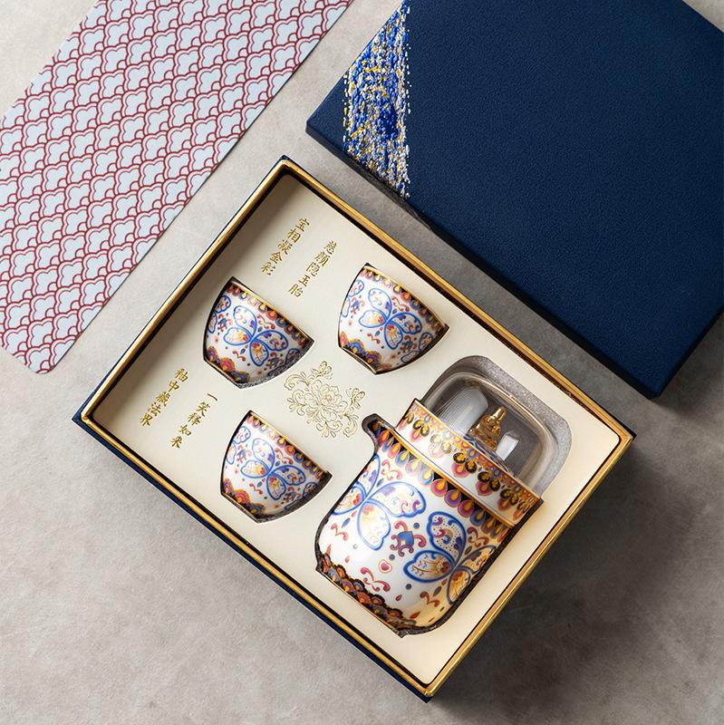 Merchandise Enamel Color Ceramic Tea Set Business Souvenir Kung Fu Tea Set One Pot Three Cups Simple Gift Box
