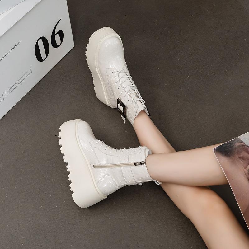 Fashion 8cm Genuine Leather Ankle Boots Platform Wedge Chunky Sneakers Mid Calf Booties Autumn Winter Zipper Plush Women Shoes