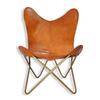 Tan Brown Leather Butterfly Chair - Comfortable Arm Rest Living Room Butterfly Chair – With Golden Powder Coated Iron Stand .