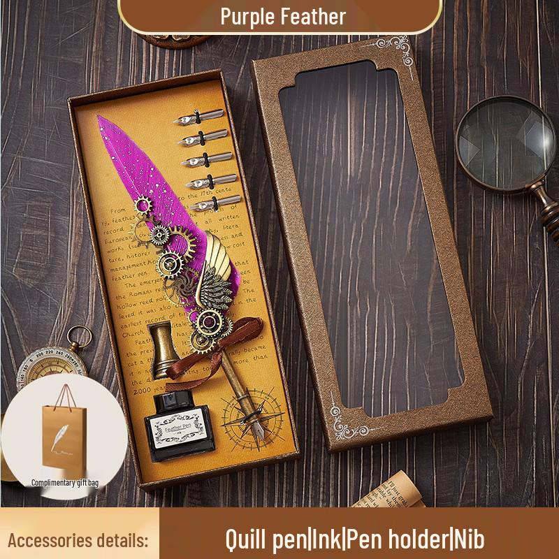 European Steampunk Quill and Ink Set with Wax Seal - Retro Fountain Pen Gift Box for Birthdays