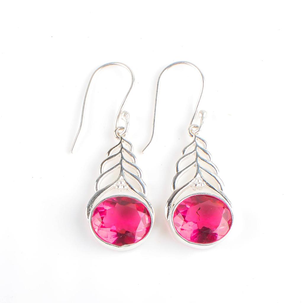 Pink Tourmaline Gemstone 925 Sterling Silver Jewelry Drop/Dangle Earrings 1.64" CE-1-18