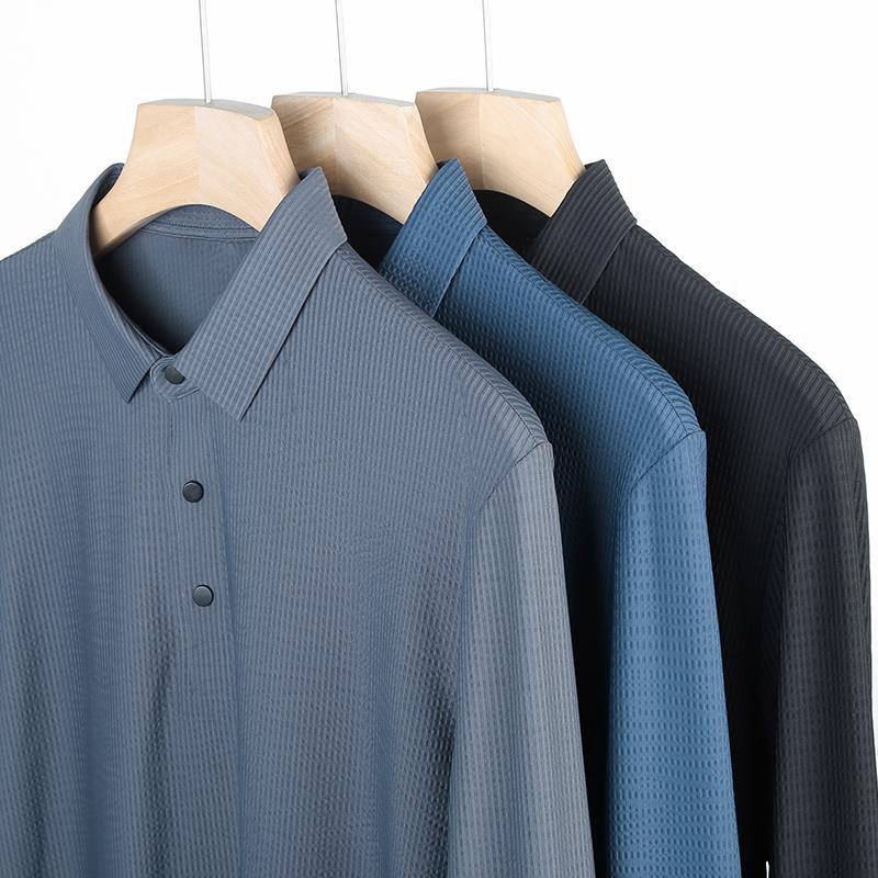Осенняя новинка, однотонная сетка, мужская повседневная модная рубашка-поло с длинными рукавами для мужчин среднего возраста