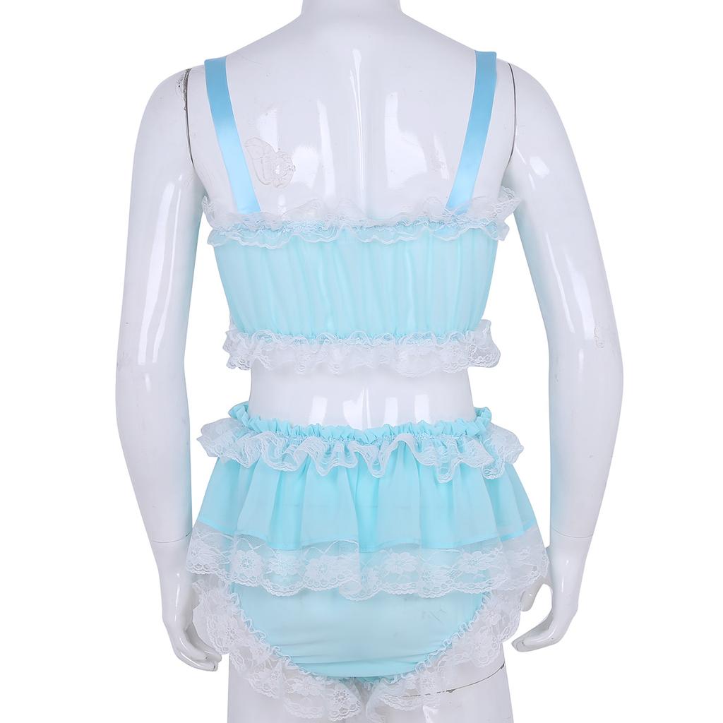 Men's Ruffled Frilly Lace Satin Sissy Lingerie Set Bra Skirted Panties Bloomer Underwear