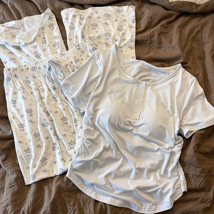 Sin Glee ins style simple chest short-sleeved pajamas women can wear casual trousers loungewear suit in summer