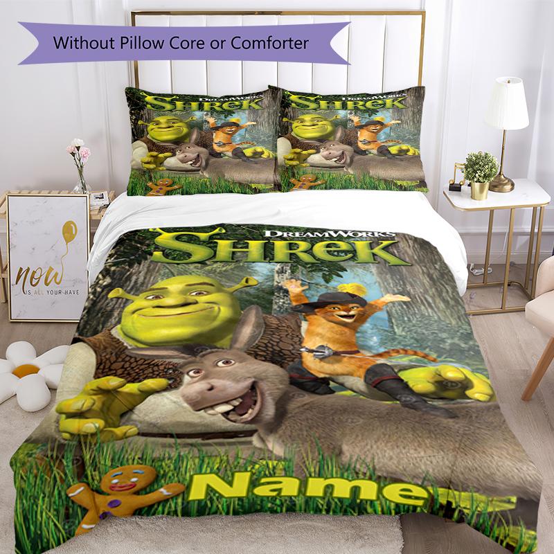 3pcs Custom Name Shrek Bedding Set Duvet Cover Closure Includes 1 Duvet Cover & 2 Pillowcases, Soft and Comfortable for All Seasons.