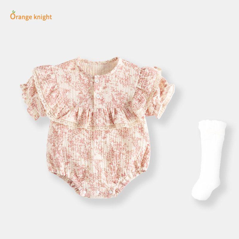 New Chinese-Style Ink Painting Design Romper for Young Girls, Fashionable and Versatile Summer Style, Exquisite One-Piece Crawling Suit